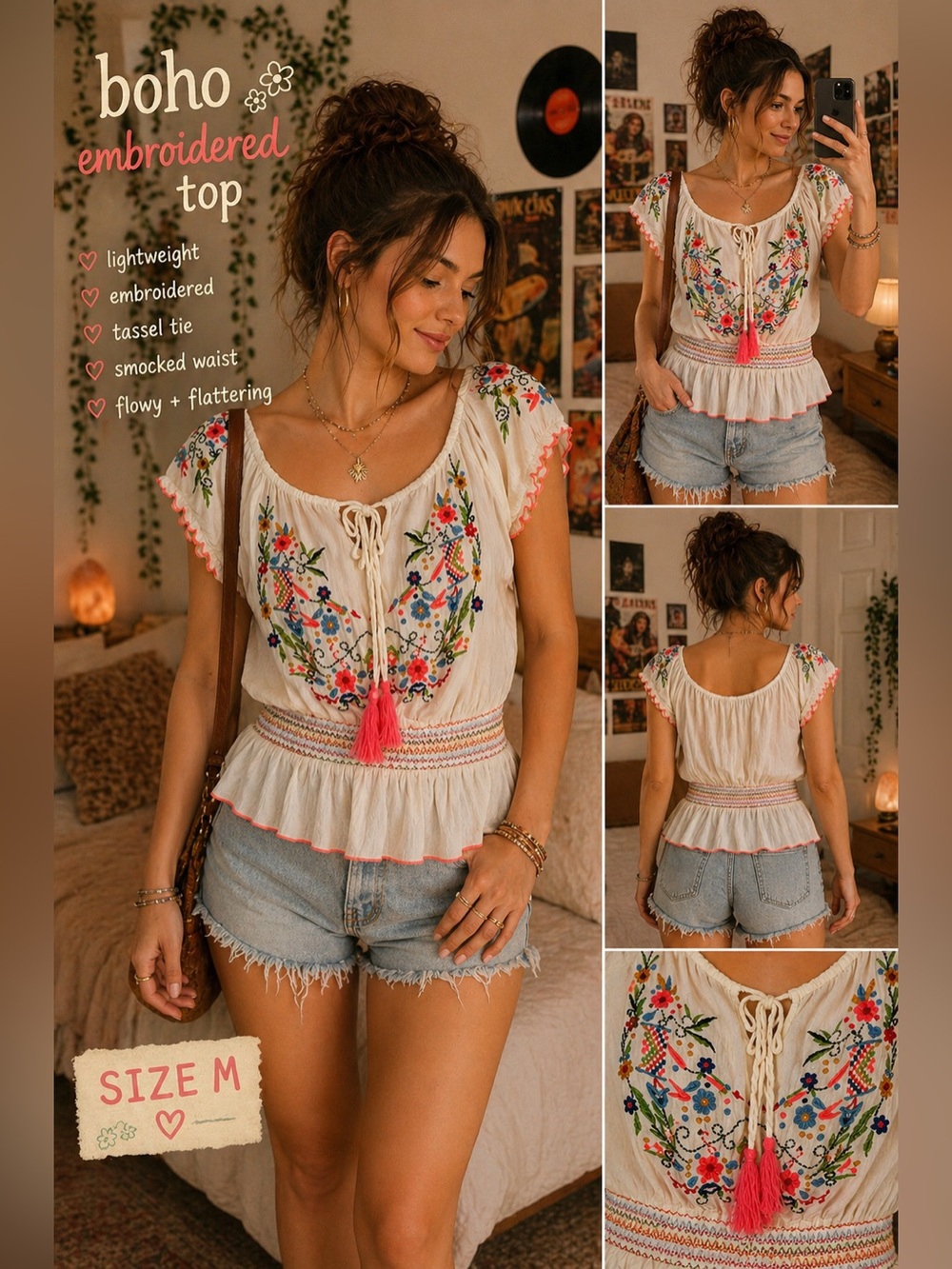 Fun & Flirt White Boho Embroidered Tassel Tie Top with Pink Accent Size M